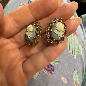 Vintage Gold and Blue Cameo Earrings